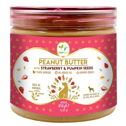 Pawfect Peanut Butter with Strawberry & Pumpkin Seeds for Dogs & Puppies - 100% Natural Lickable Treat- No Added Sugar, Salt, Palm Oil - No Sweeteners, No Xylitol - Healthy Dog Treat (450g/15.87oz)