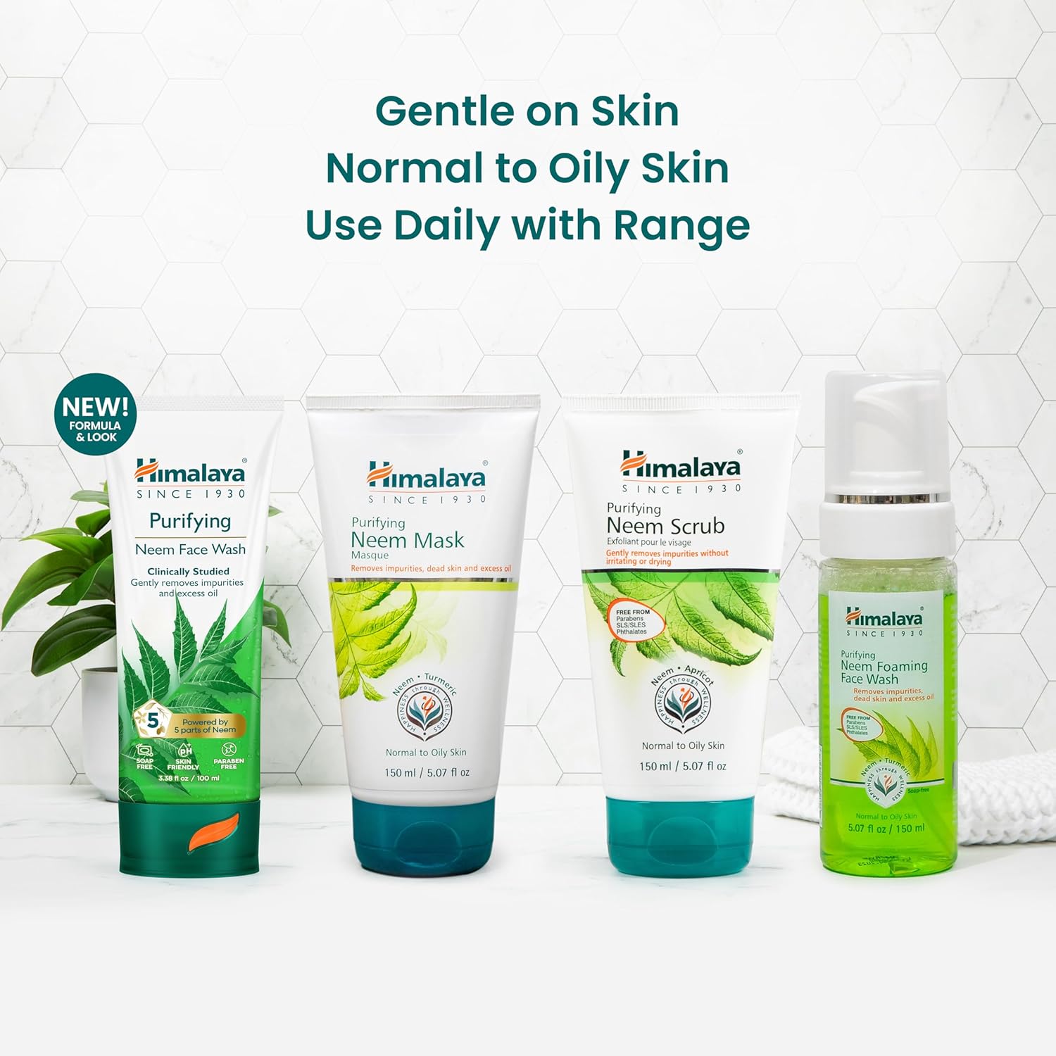 Himalaya Purifying Neem skincare products on a white background with text about skin type compatibility.