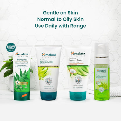 Himalaya Purifying Neem skincare products on a white background with text about skin type compatibility.