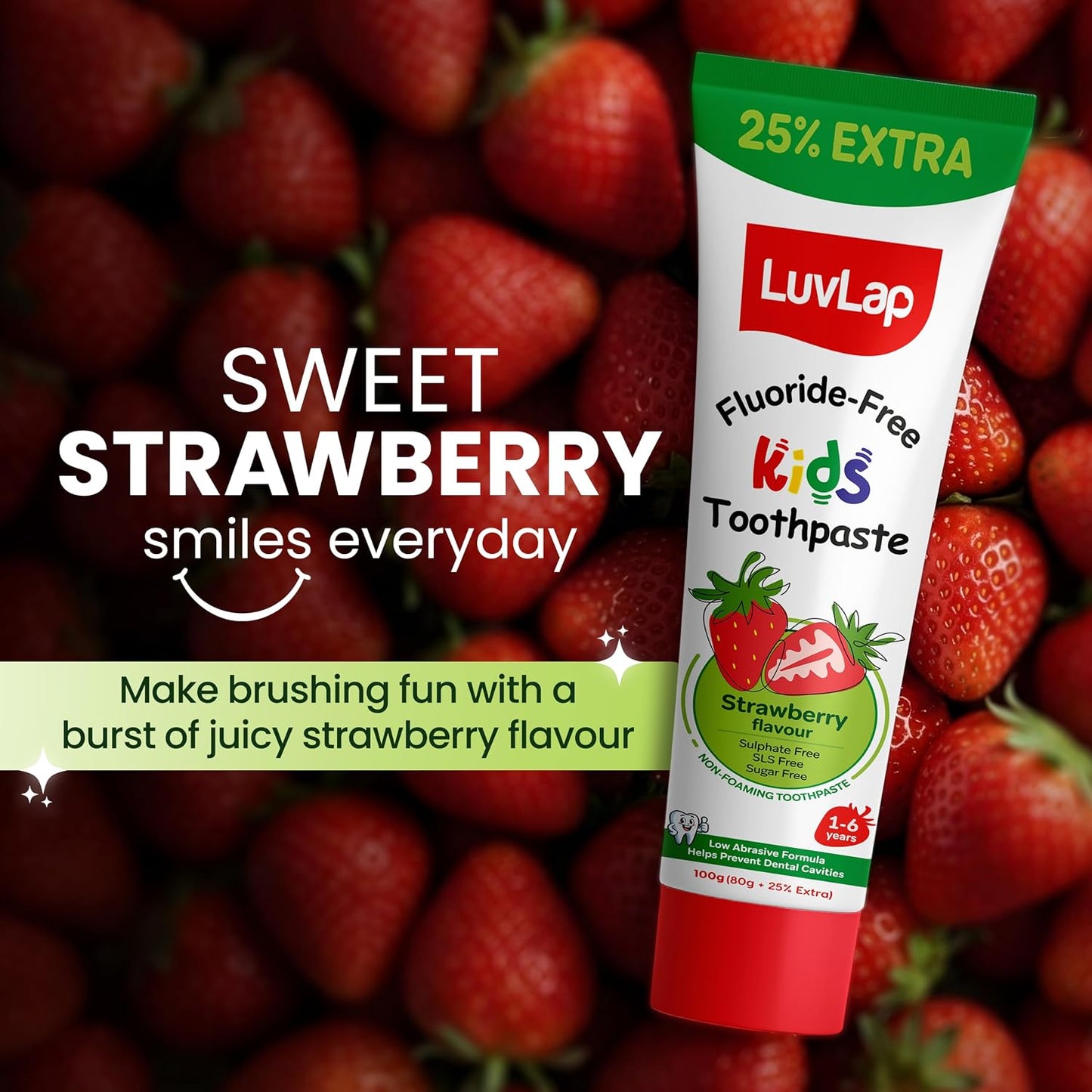 LuvLap Baby Toothpaste for Kids 80gm + 25% Extra, Strawberry Flavour, SLS & Fluoride Free Baby Toothpaste, Removes Plaque, Prevents Bacteria & Cavities, Ensures Healthy Teeth & Gums, 12M+(Pack of 1)