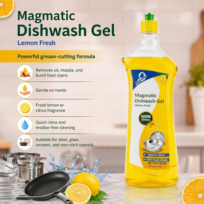 Magmatic Dishwash Liquid Gel | Lemon Fresh – Tough Grease & Oil Remover | Germ Protection Formula | Kitchen Utensil Cleaner | 1L