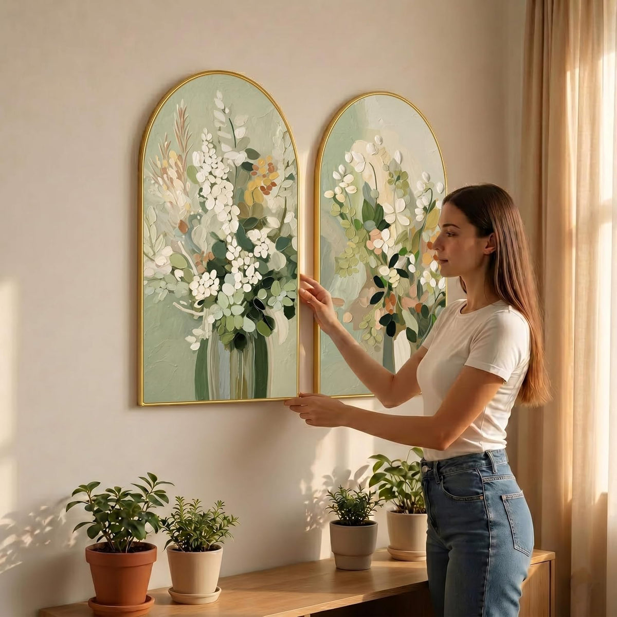 Set of 2 Floral Wall Painting for Living Room, Green Botanical Modern Artwork, PVC Golden Frame, Arch Shape Wall Decor for Bedroom, Hall, Office & Gift (30 x 32 Inch) RPNL-02-113