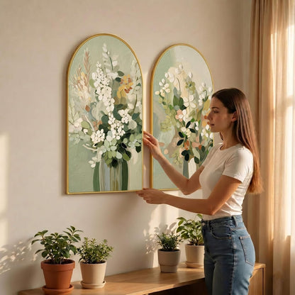 Set of 2 Floral Wall Painting for Living Room, Green Botanical Modern Artwork, PVC Golden Frame, Arch Shape Wall Decor for Bedroom, Hall, Office & Gift (30 x 32 Inch) RPNL-02-113