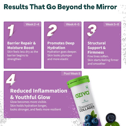 OZiva Phyto Ceramides+ Collagen Builder, Skin Hydration, Blueberry, 15 Tabs