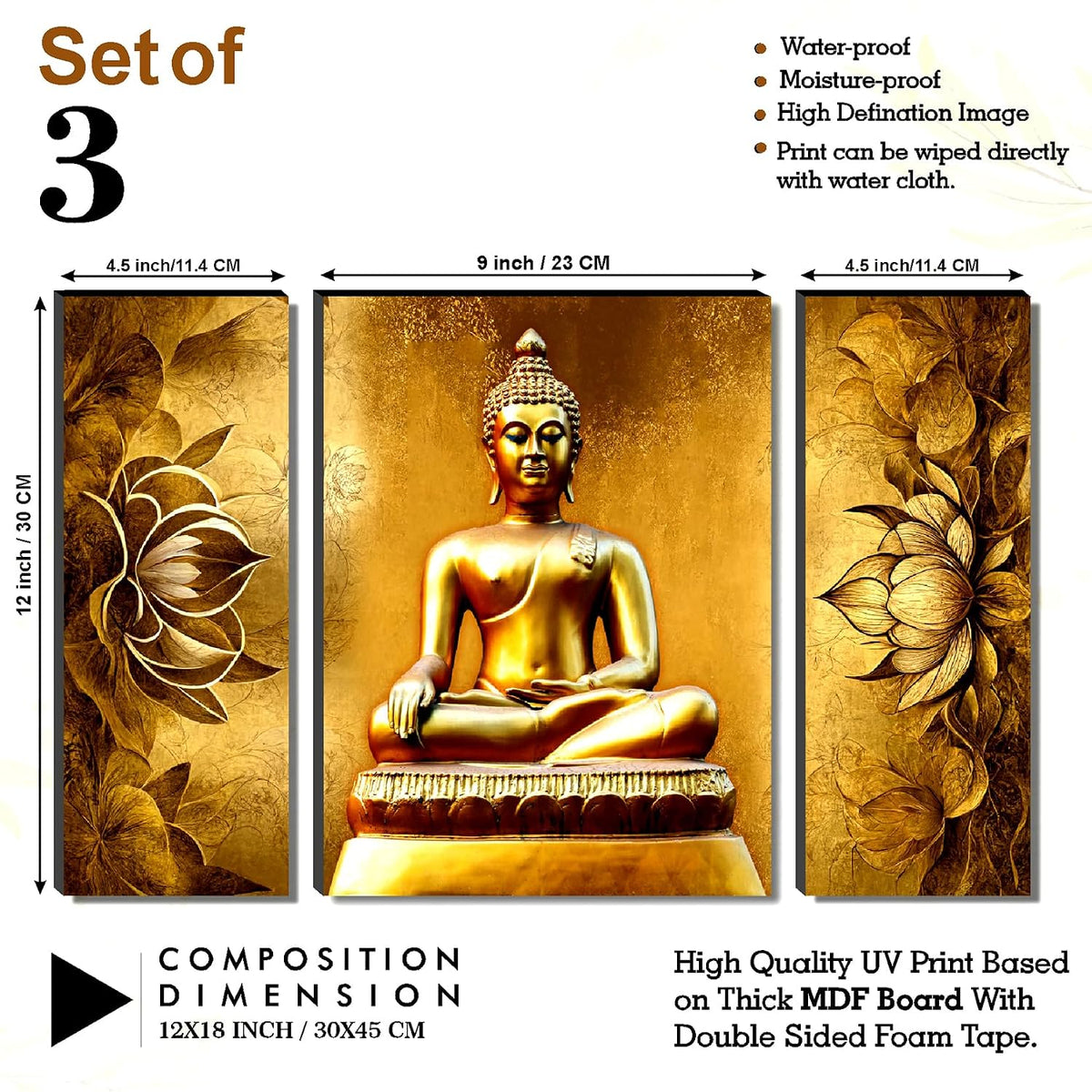 Golden Buddha & Lotus Wall Art – 3-Panel UV-Printed Spiritual Triptych | Ready-to-Hang Divine Meditation & Home Décor (20 Inch x 12 Inch) JM-35306