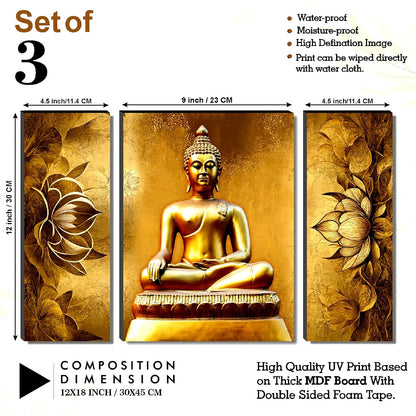 Golden Buddha & Lotus Wall Art – 3-Panel UV-Printed Spiritual Triptych | Ready-to-Hang Divine Meditation & Home Décor (20 Inch x 12 Inch) JM-35306