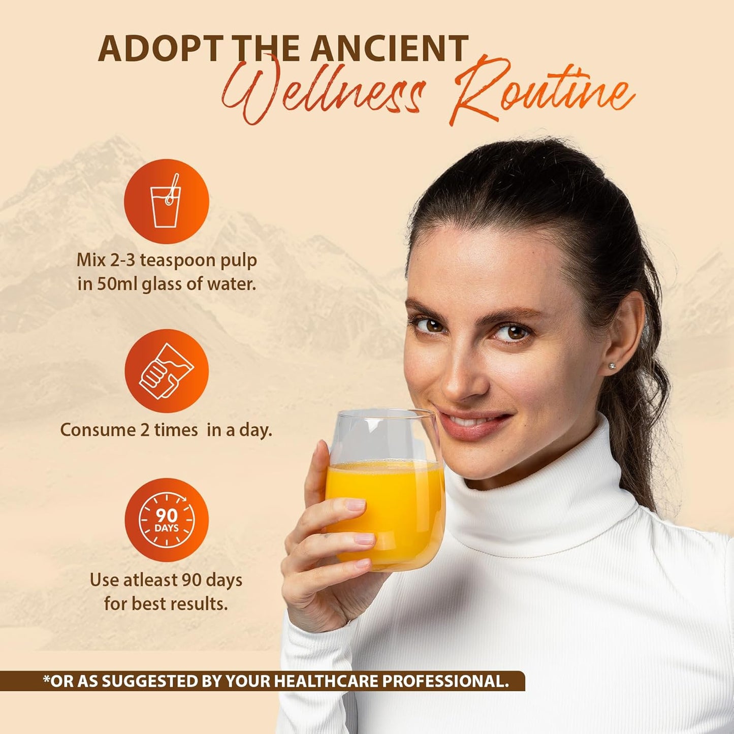 Woman holding a glass of orange juice with wellness routine instructions on a beige background