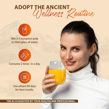 Woman holding a glass of orange juice with wellness routine instructions on a beige background