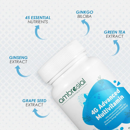 Ambrosial 4G Advanced Multivitamin packaging with ingredient highlights on a light gray background