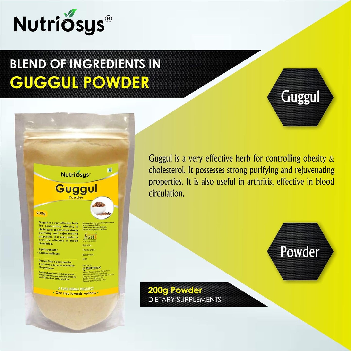 Nutriosys Guggul Powder | Natural Guggul Powder for Weight Management | Supports Healthy Cholesterol Levels | Lipid Regulator | 200Gram