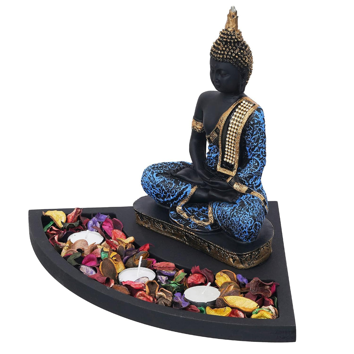 Blue Resin Meditating Lord Buddha Statue Tea Light Candle Holder| Buddha Idol Tea Light Holder Diwali Decoration Items for Home Decor Buddha Showpiece Gift for Diwali Housewarming Birthday