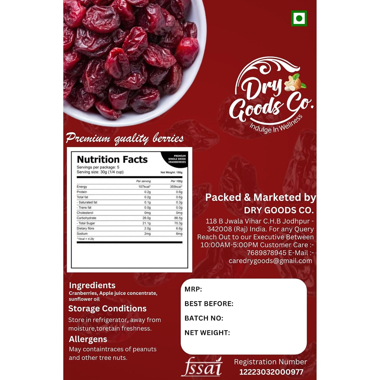 DRY GOODS CO. Dried Cranberries 200g | No Added Sugar | Dry Fruits