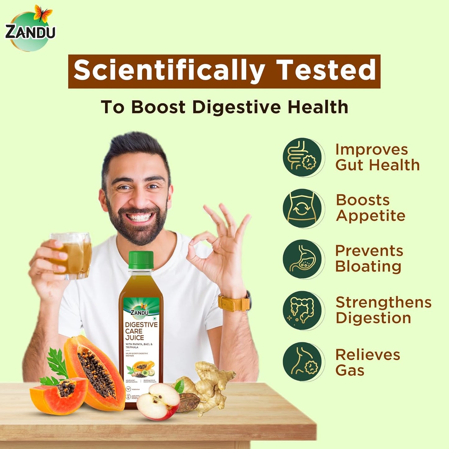 Zandu Digestive Care Juice, 500 ml, Enriched with Papaya, Triphala & Bael to improve Gut Health, Relieves Gas, Boosts Appetite, Scientifically Tested
