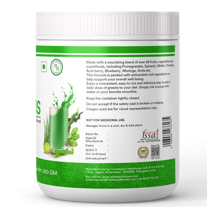 INLIFE Super Greens Powder Supplement | Spirulina, Moringa, Chlorella, Alfalfa, Wheat Grass, Barley Grass Blend | - 200g