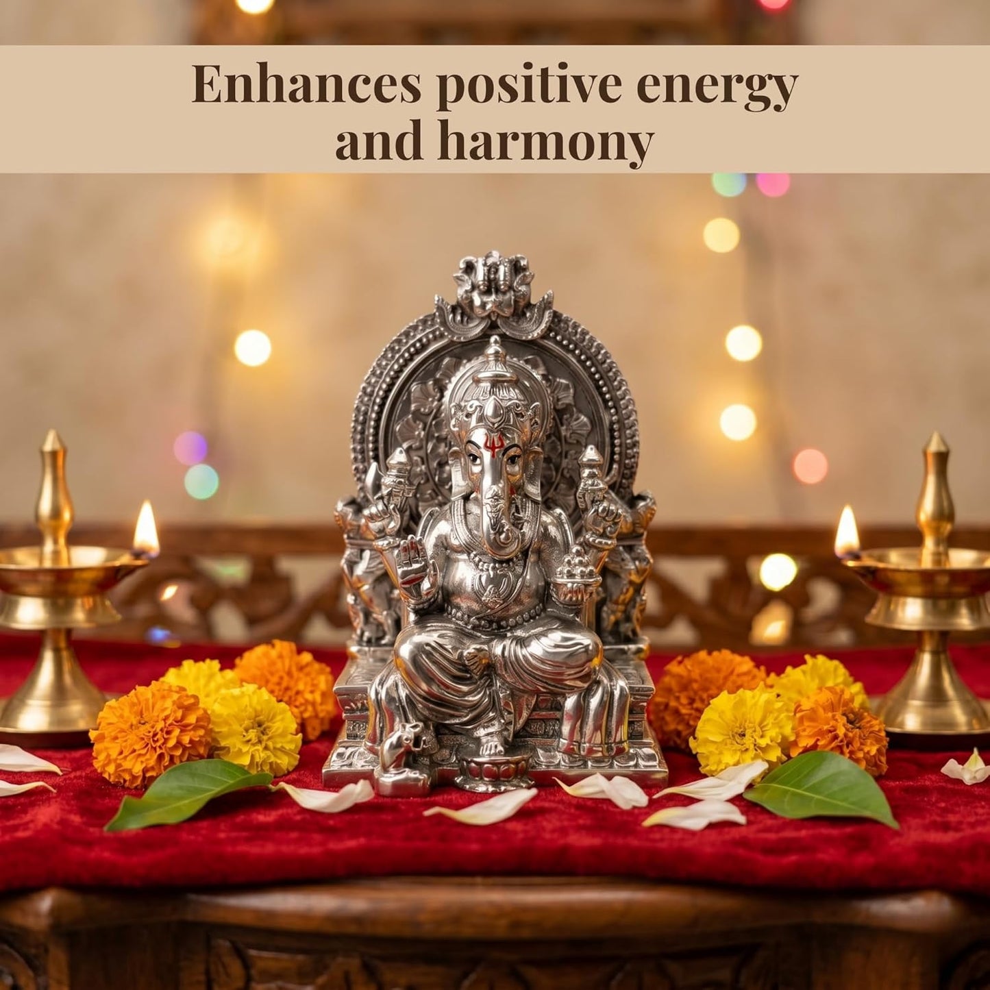 Dev Aastha Silver Plated Throne Ganesh Idol - 3.7 Inch Divine Seated Ganpati Statue on Royal Singhasan for Home Mandir and Office - Auspicious Vastu Decor and Spiritual Gift with Anti-Tarnish Finish