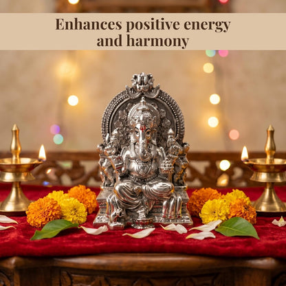 Dev Aastha Silver Plated Throne Ganesh Idol - 3.7 Inch Divine Seated Ganpati Statue on Royal Singhasan for Home Mandir and Office - Auspicious Vastu Decor and Spiritual Gift with Anti-Tarnish Finish