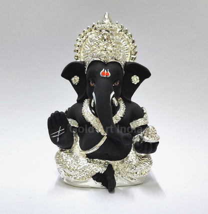 Gold Art India 999 Silver Plated Idol for Ganesh Idol for Car Dashboard God Ganesha Idol for Home Decor Ganpati for Gift Silver Mukut Silver Black, Idol