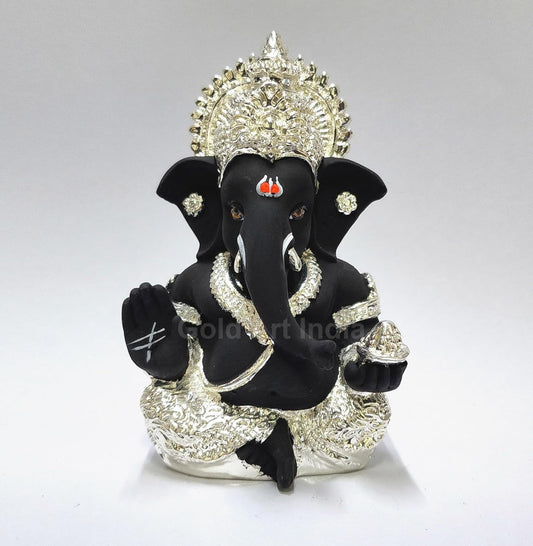 Gold Art India 999 Silver Plated Idol for Ganesh Idol for Car Dashboard God Ganesha Idol for Home Decor Ganpati for Gift Silver Mukut Silver Black, Idol