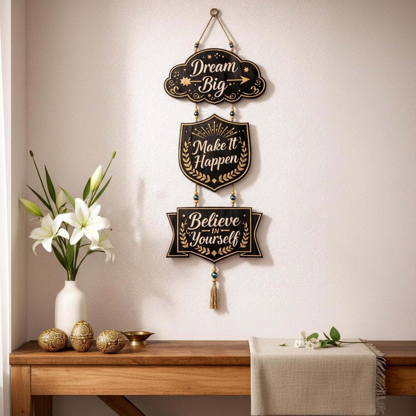 eCraftIndia Gold Foil Embossed Wooden Dream Big Make It Happen Believe In Yourself Wall Hanging for Home Office