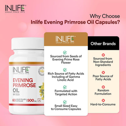 INLIFE Evening Primrose Oil Capsules 500mg | 10% Gamma Lionlenic Acid | Supplement for Hair and Skin - 60 Liquid Filled Capsules (Pack of 1)