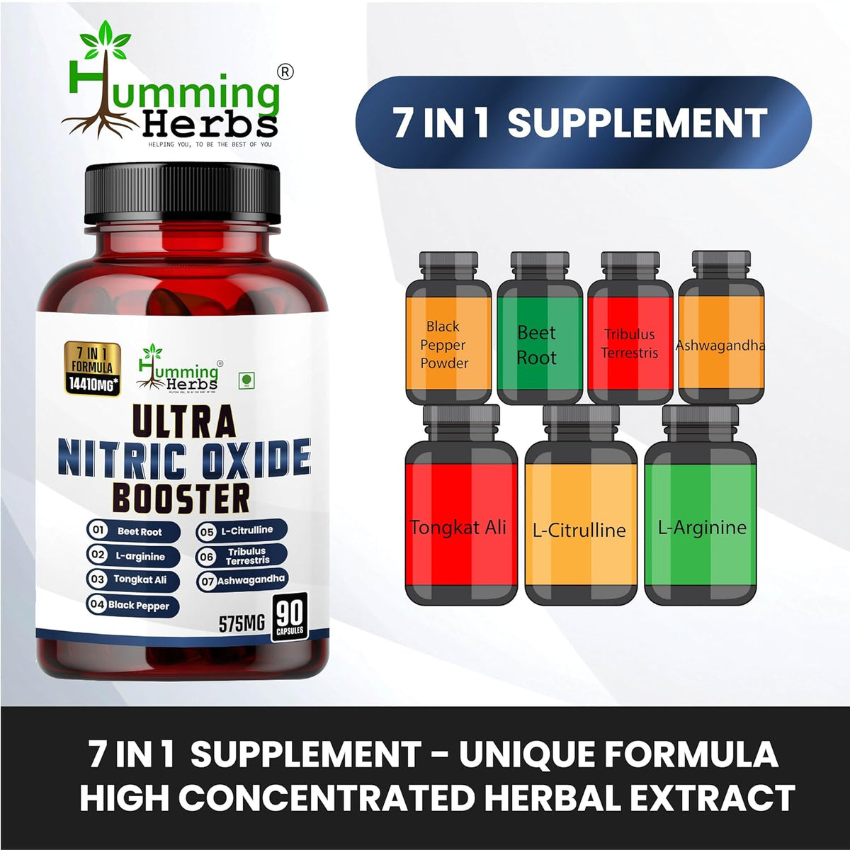 Humming Herbs Ultra Nitric Oxide Booster supplement bottle with colorful dropper bottles on a white background