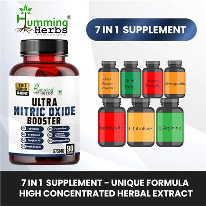 Humming Herbs Ultra Nitric Oxide Booster supplement bottle with colorful dropper bottles on a white background
