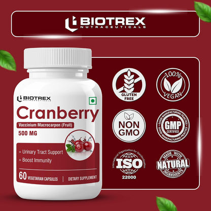 Biotrex Nutraceuticals Cranberry 500mg - for Urinary Tract Health, UTI Health Supplement | 60 Capsules