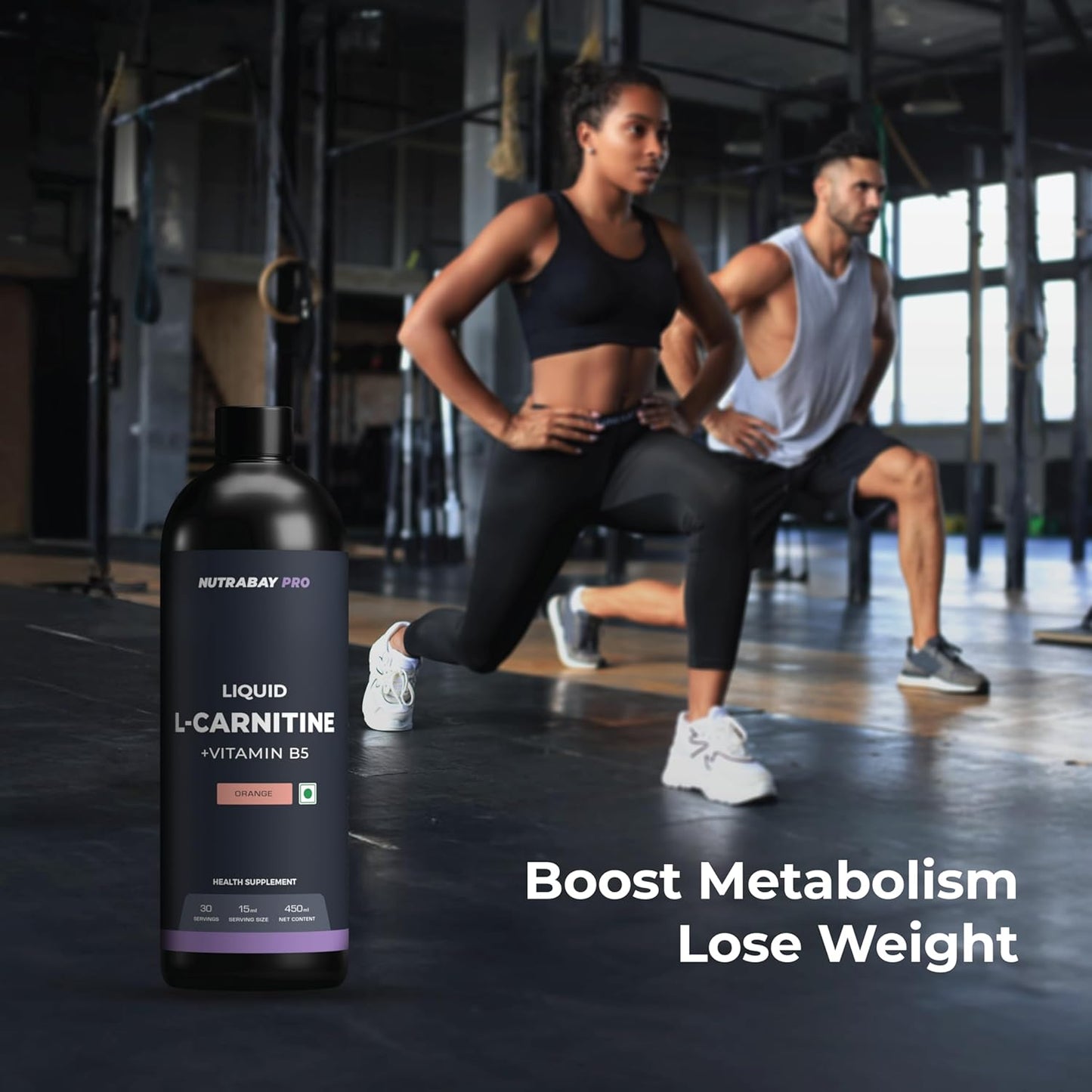 Bottle of NutraBay Pro L-Carnitine supplement with two people exercising in a gym setting.