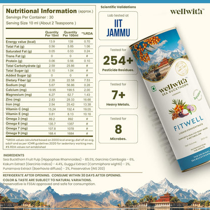 Wellwith by Ayuzera Sea Buckthorn Fitwin(Fitwell) Juice 300ml | Makes 50 Glasses | Natural Vitamin C, Omega 3 6 7 9, Antioxidants | Immunity, Skin Glow & Gut Health Support | Herbal Juice Supplement
