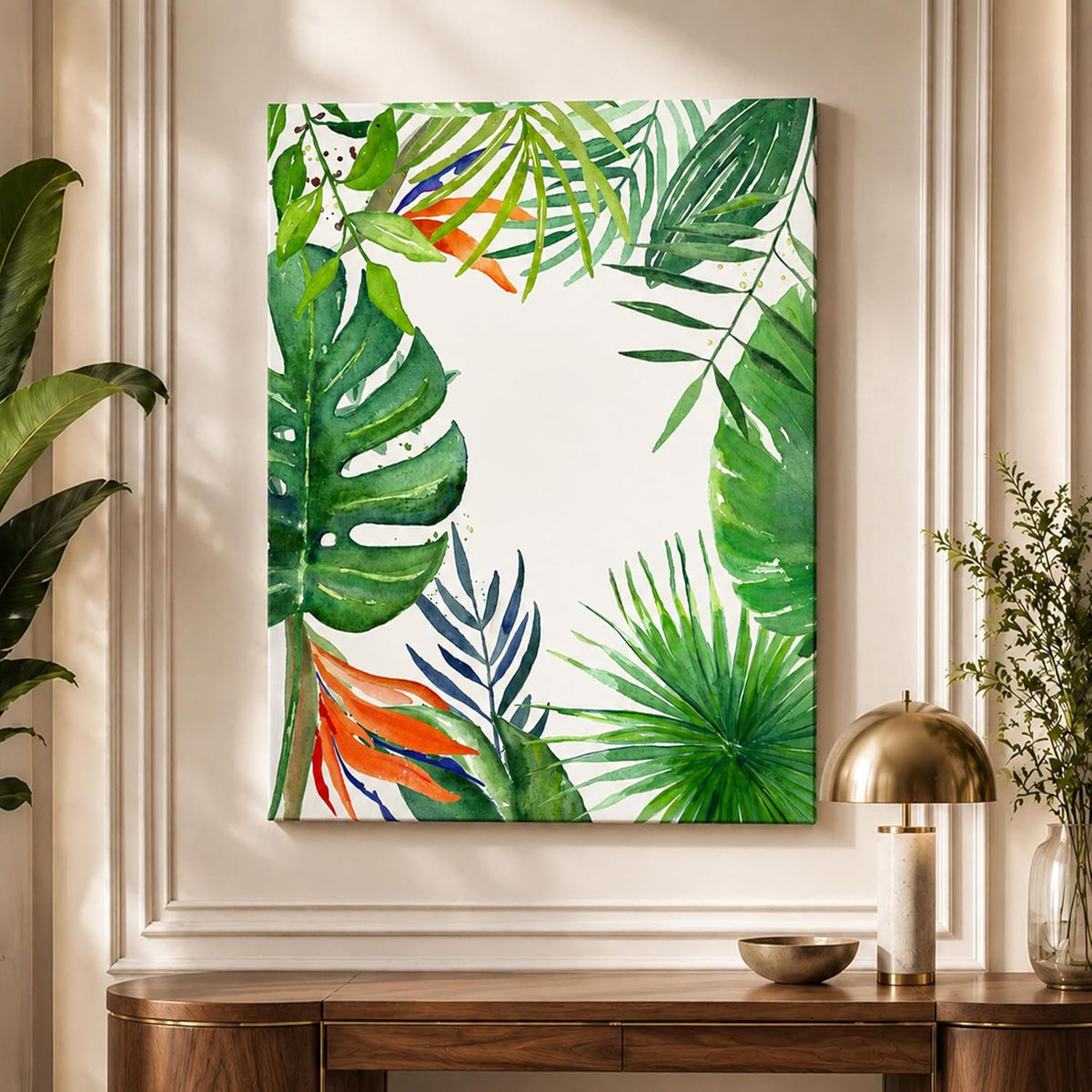 Tropical Green Leaves Framed Canvas Wall Art Painting for wall decoration | Botanical Leaf Nature Inspired Painting for Living Room, Bedroom and Office, 16x22 Inch