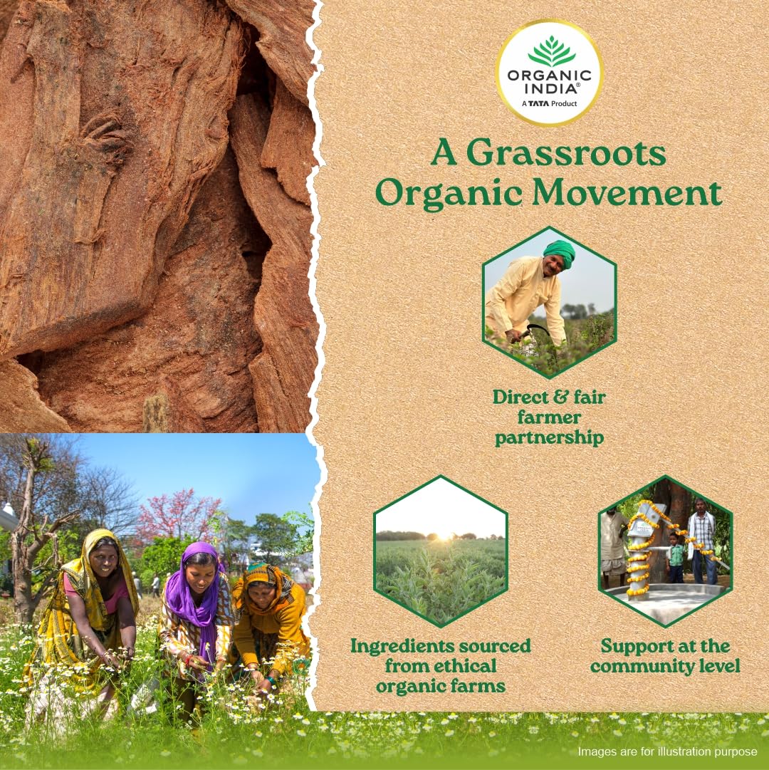 Promotional graphic for Organic India's grassroots organic movement with images of farmers and text about direct and fair partnerships.