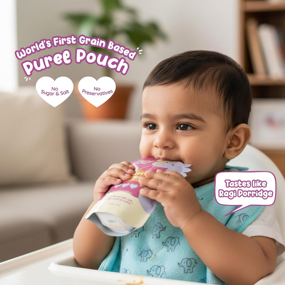 Rorosaur Ready to Eat Wheaty Ragi Baby Food Puree Pouch 100g each, Pk of 2 | Made with Ragi, Wheat, Banana Porridge for 6+ Months Baby | Easy to Digest, 100% Natural Healthy, No Preservatives, No Sugar