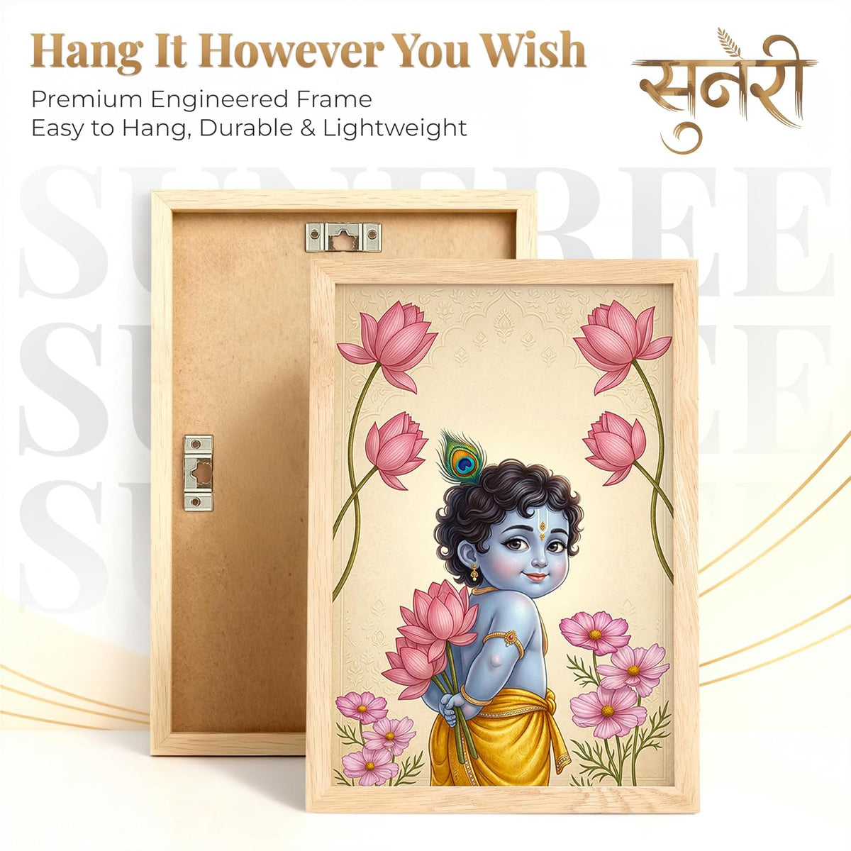 Radha Krishna Painting with Lotus Flowers | Set of 2 Framed Wall Art Paintings | Traditional Indian Decor for Living Room Bedroom Pooja Room | (ART 5, 13x19 INCHES)
