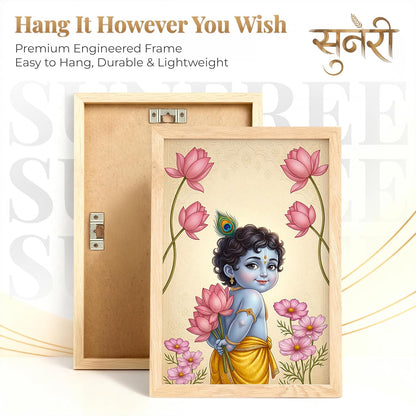 Radha Krishna Painting with Lotus Flowers | Set of 2 Framed Wall Art Paintings | Traditional Indian Decor for Living Room Bedroom Pooja Room | (ART 5, 13x19 INCHES)