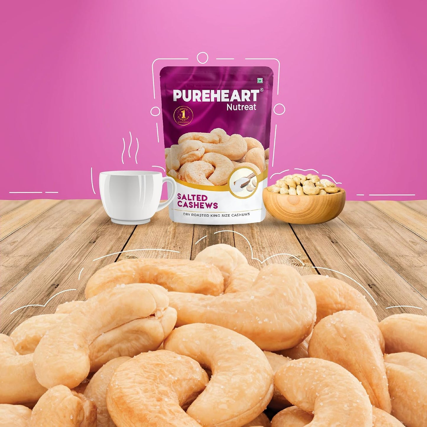 Pureheart Nutreat Roasted Salted Cashews, Flavourful & Crunchy Snack | Premium Salted Whole Cashew Nuts/Kaju Dry Fruit | Rich in Protein & Fiber | No Artificial Colors, Flavors, Preservatives