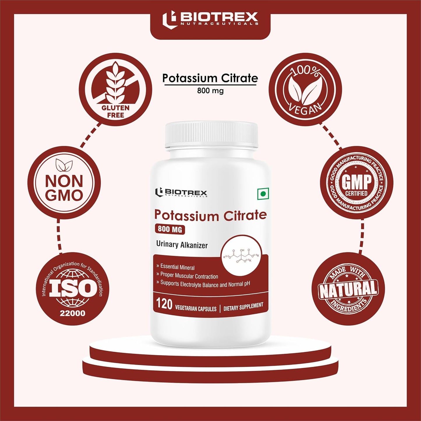 Biotrex Nutraceuticals Potassium Citrate 800mg supplement, Healthy Bone & Joint Health, Supports Healthy Nerve Health - 120 Vegetarian Capsules