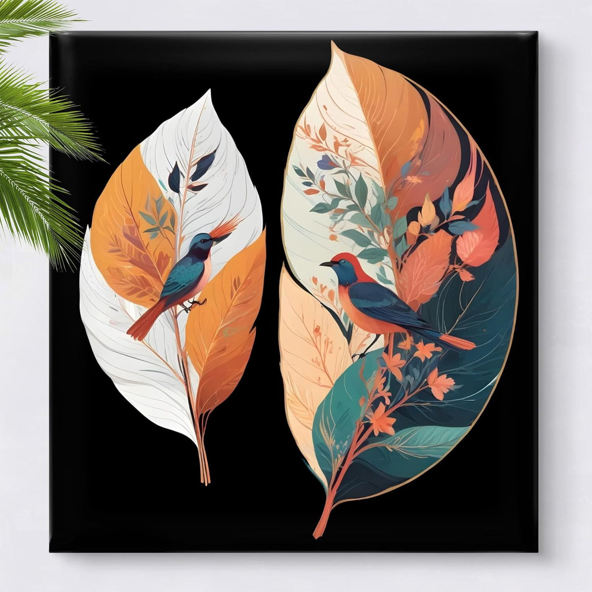 Tropical Birds Wall Art, Decorative Feather Canvas Print, Black Background, Orange and Teal Botanical Design 16 Inch x 16 Inch CVS-38105