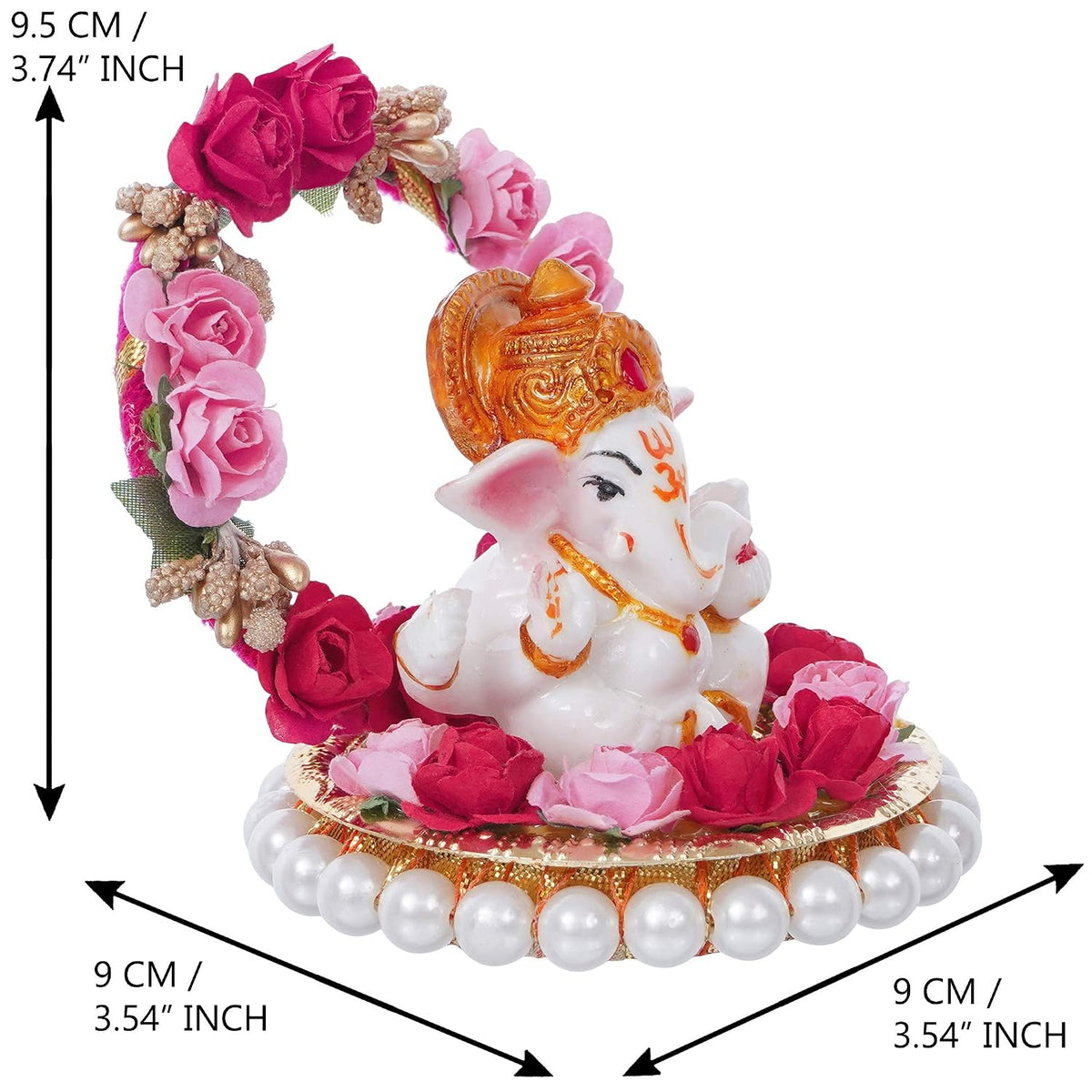 Lord Ganesha Idol on Decorative Handcrafted Plate with Throne of Pink and Red Flowers