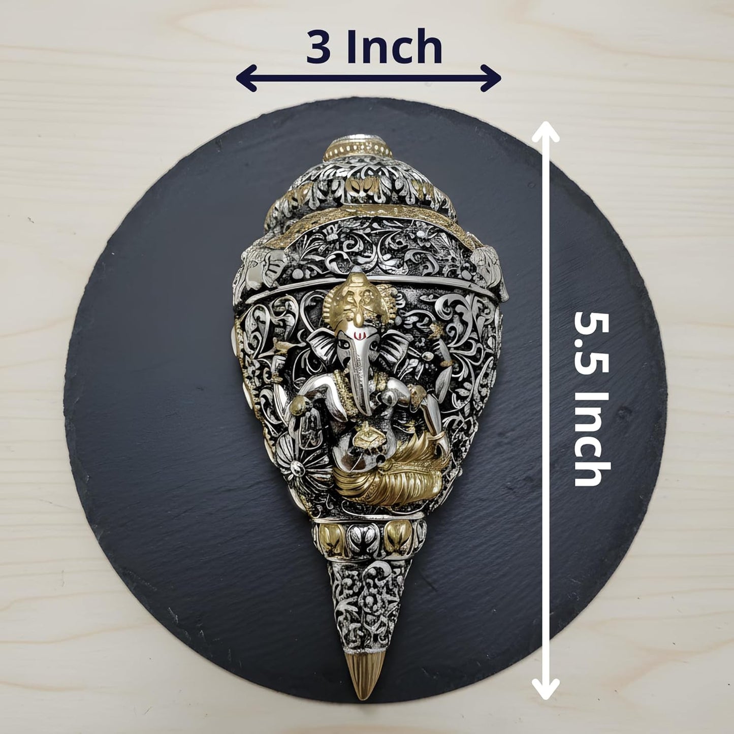 Dev Aastha 999 Pure Silver Plated & 24K Gold Plated Ganesh Shankh | Sacred 5.2 Inch Dual-Tone Conch Shell | Vastu Showpiece for Success & Wealth | Auspicious Pooja Gift.