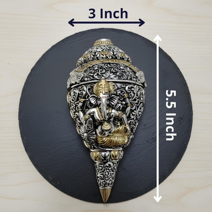 Dev Aastha 999 Pure Silver Plated & 24K Gold Plated Ganesh Shankh | Sacred 5.2 Inch Dual-Tone Conch Shell | Vastu Showpiece for Success & Wealth | Auspicious Pooja Gift.