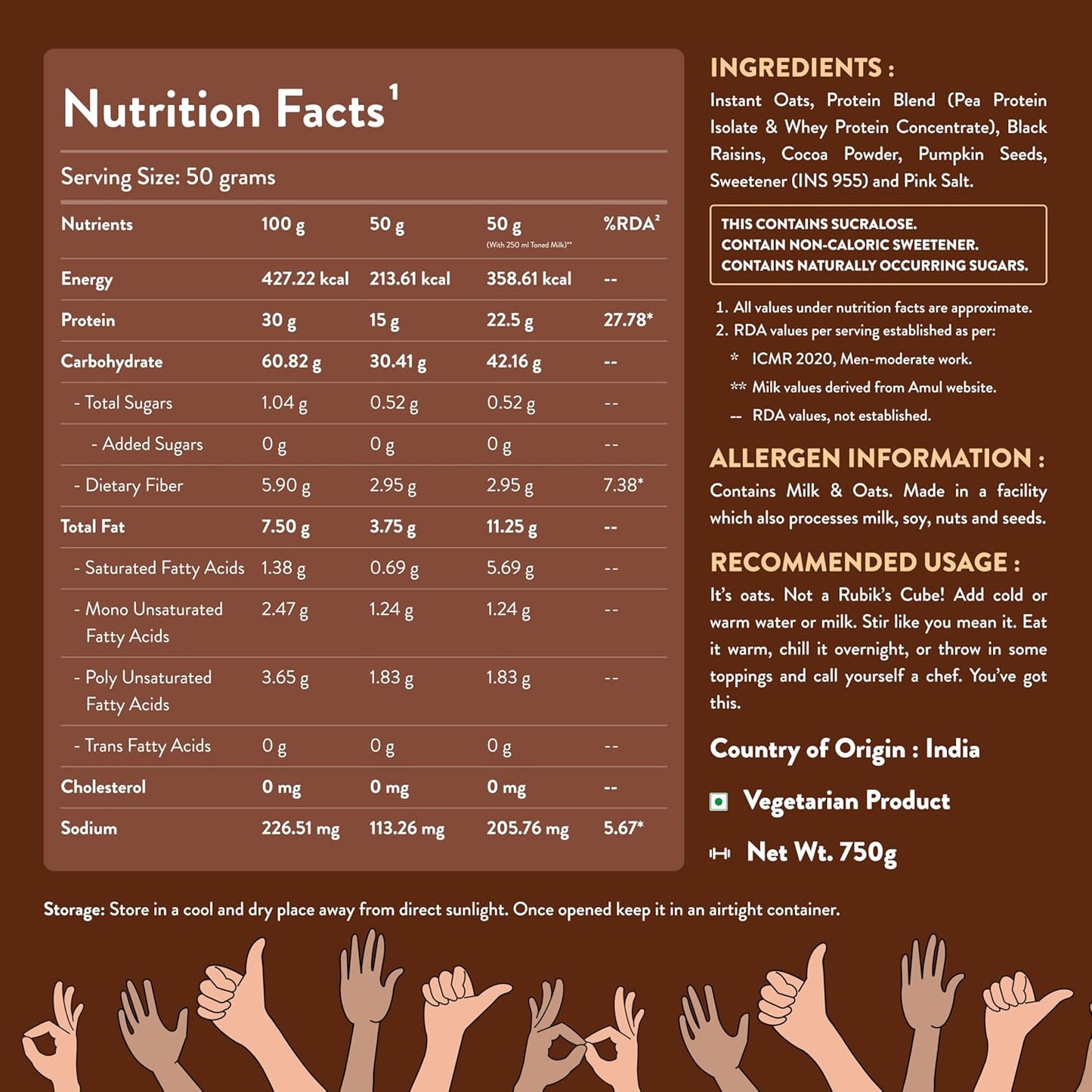 Nutrabay High Protein Oats - 750g, Dark Chocolate Raisin | 30g Highest Protein Oats Ever with Whey Protein Concentrate & Pea Protein Isolate | Zero Added Sugar