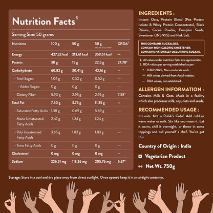 Nutrabay High Protein Oats - 750g, Dark Chocolate Raisin | 30g Highest Protein Oats Ever with Whey Protein Concentrate & Pea Protein Isolate | Zero Added Sugar