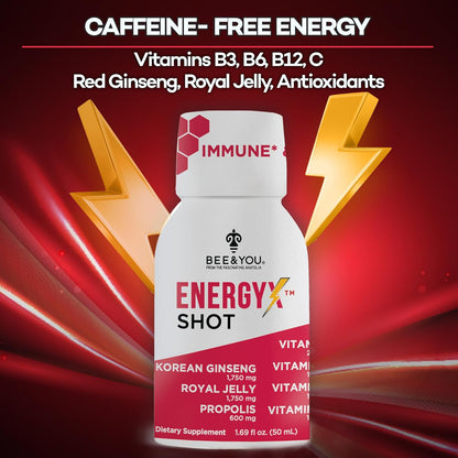 Bee and You Energy X Shot, Korean Red Ginseng, Royal Jelly, Propolis, Caffeine Free Energy Drink, Vitamin C, B3, B6, B12, Immune Support Supplement, Antioxidants, Pomegranate Flavor
