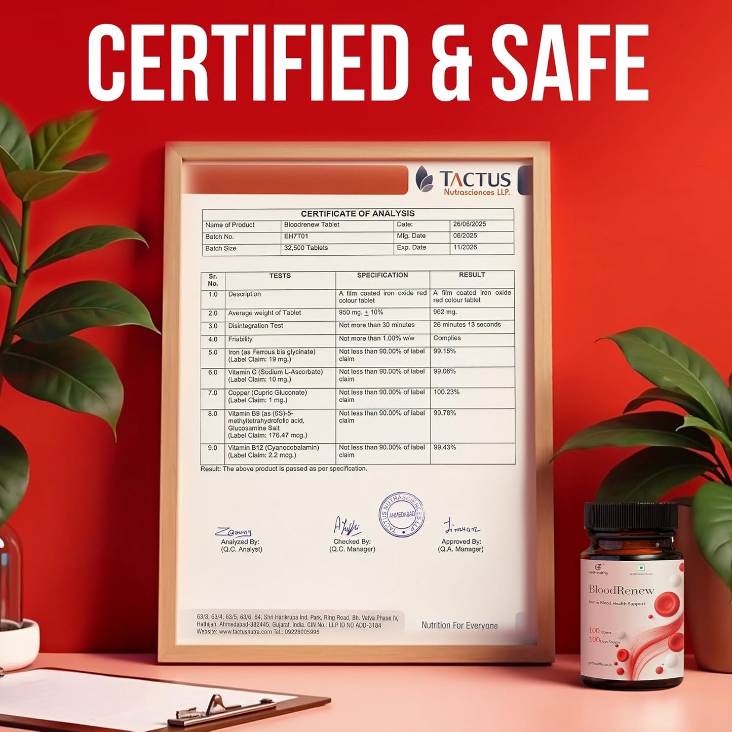 Framed certificate of analysis for a supplement on a red background with a bottle of Blood Renewal supplement.