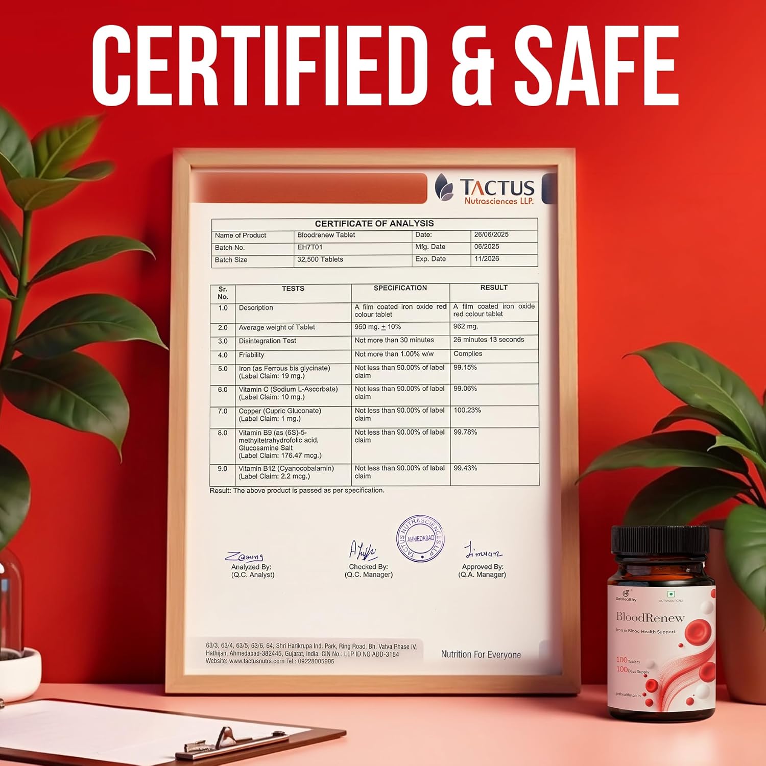 Framed certificate of analysis for a supplement on a red background with a bottle of Blood Renewal supplement.
