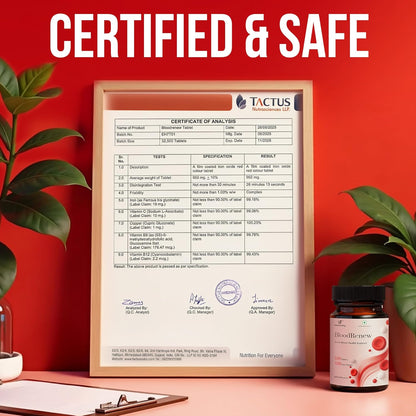 Framed certificate of analysis for a supplement on a red background with a bottle of Blood Renewal supplement.