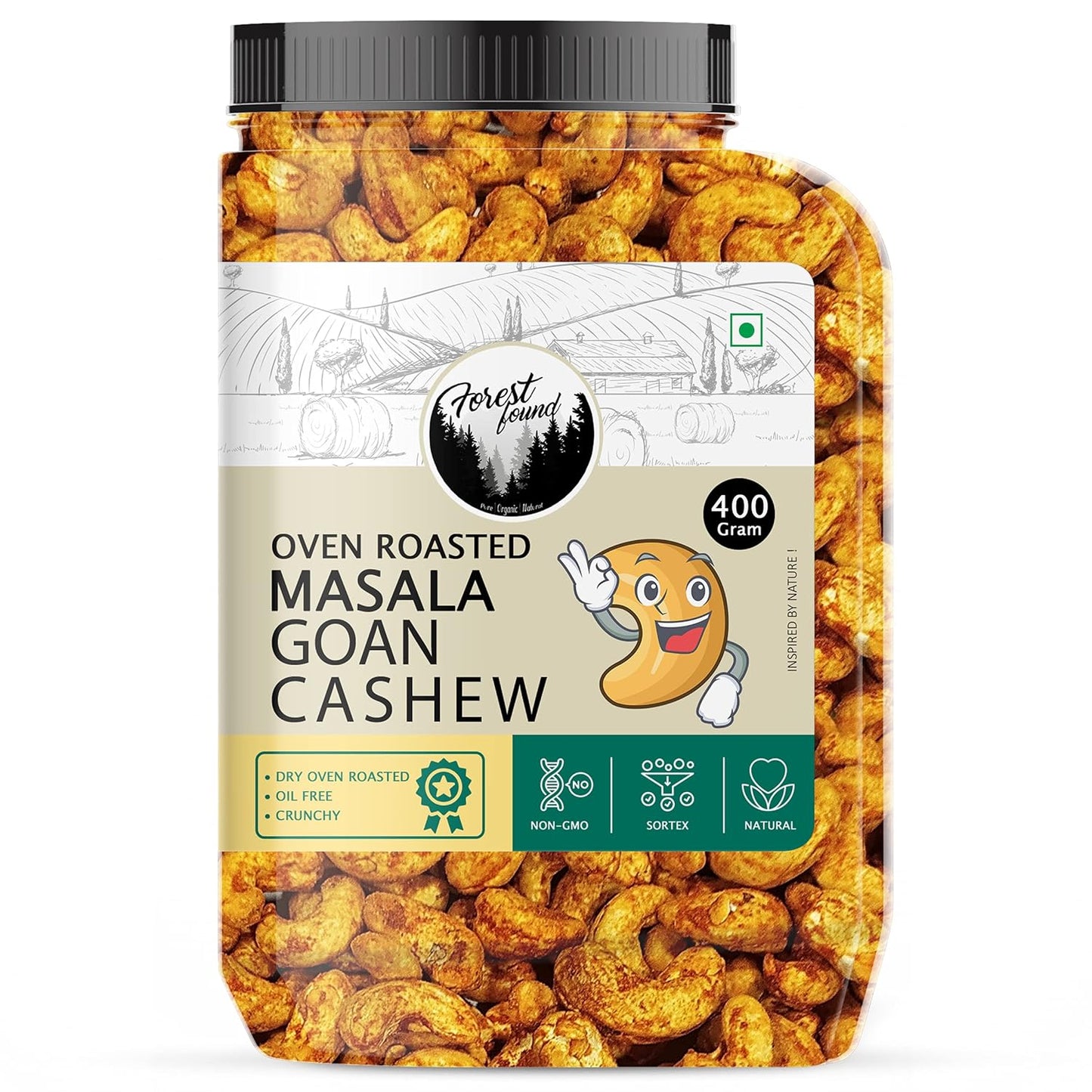 Forest Found Oven Roasted Chilly Masala Cashews (400g) – 100% Oil-Free & Non-Fried Kaju | Low Sodium Healthy Snack | Premium Crunchy Spicy Cashew Nuts
