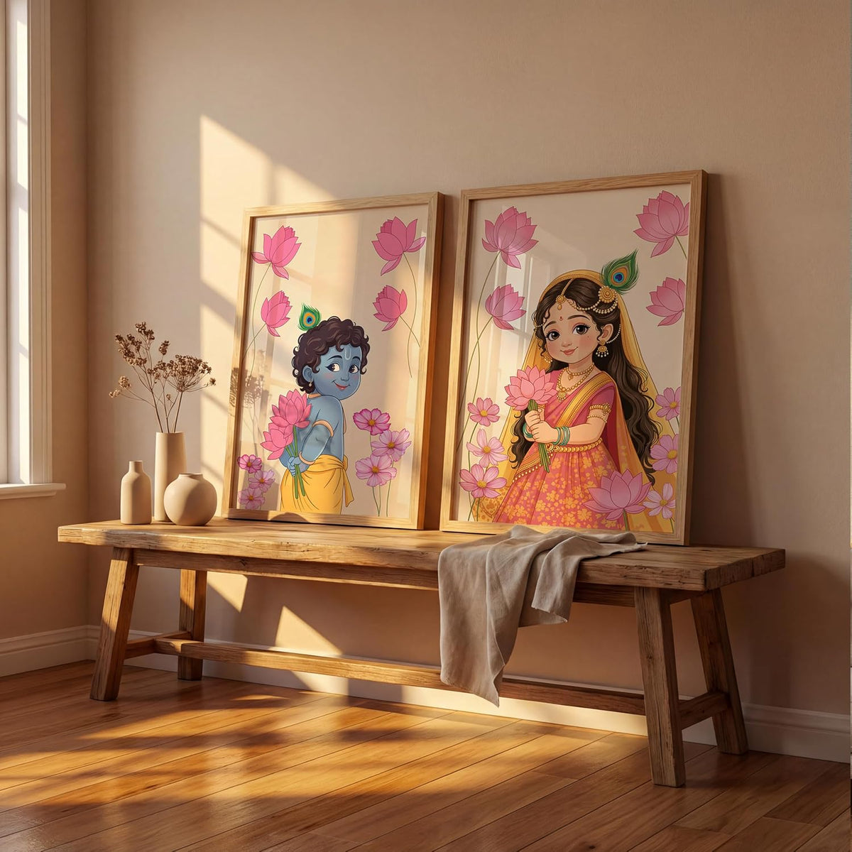 Baby Krishna Radha Wall Art Painting | Set of 2 Framed Paintings | Radha Krishna Decor for Living Room Bedroom Pooja Room | (ART 11, 13x19 INCHES)