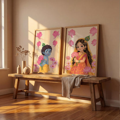 Baby Krishna Radha Wall Art Painting | Set of 2 Framed Paintings | Radha Krishna Decor for Living Room Bedroom Pooja Room | (ART 11, 13x19 INCHES)