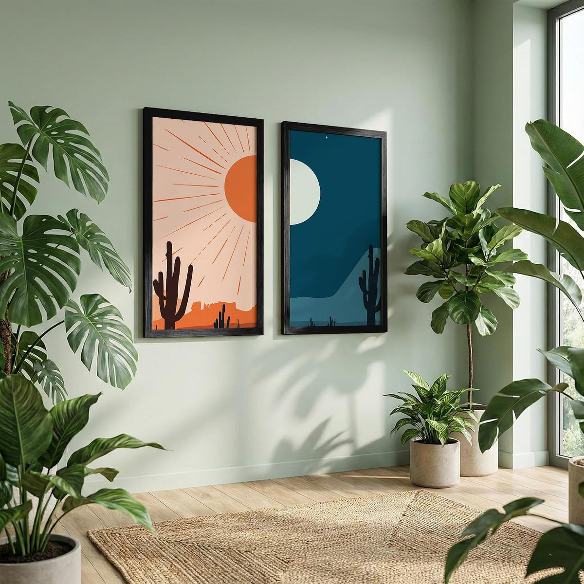 Minimalist Desert Wall Art Set of 2 Framed Prints | Sun & Moon Cactus Landscape Posters with Frames, Boho Neutral Abstract Nature Wall Decor, Scandinavian Aesthetic Artwork for Living Room, Bedroom, Office, Wall Hanging Frame (Art-12, 10x19inch, Wooden)